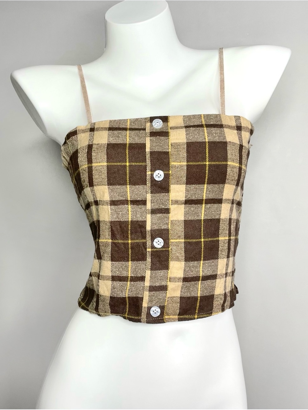 Brown Plaid Button Front Cami Crop Top